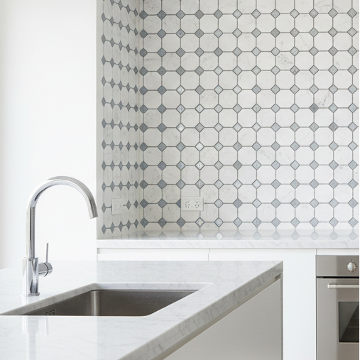 Bianco Carrara White Marble Octagon Mosaic (w/ Blue-Gray)