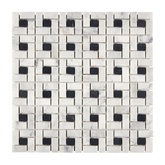 Bianco Carrara White Marble Pinwheel Mosaic (w/ Black) Wall Tile