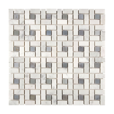 Bianco Carrara White Marble Pinwheel Mosaic with Blue-Gray Wall Tile