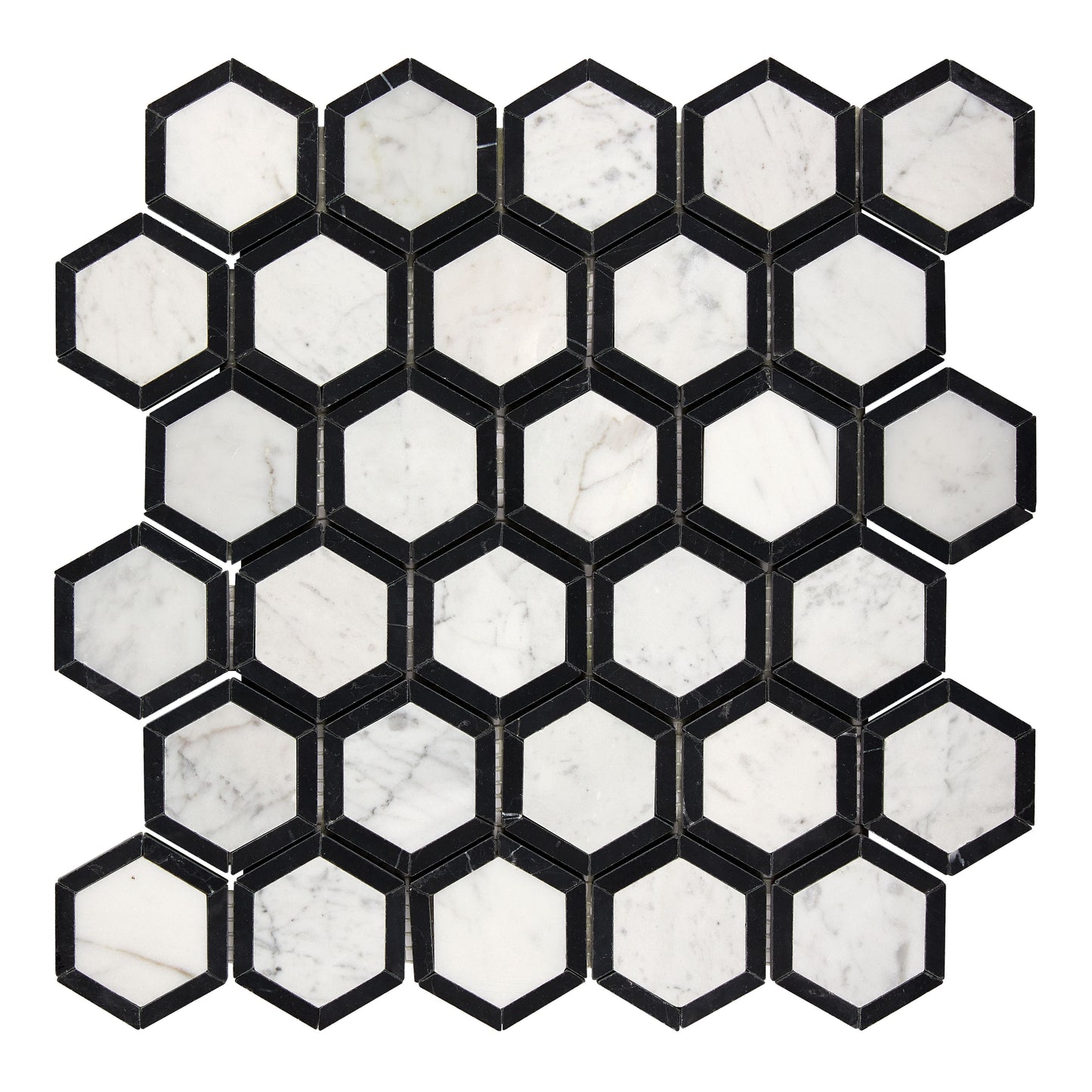 Bianco Carrara White Marble 2’’ X 2’’ Vortex Hexagon (w/ Black) Wall Tile