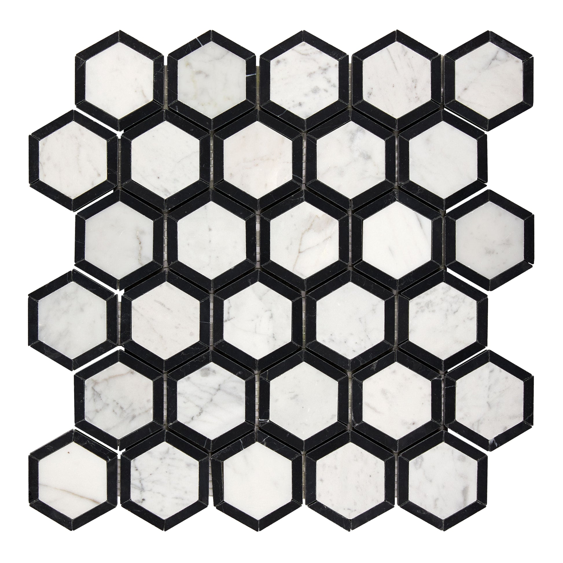 Bianco Carrara White Marble 2’’ X 2’’ Vortex Hexagon (w/ Black) Wall Tile