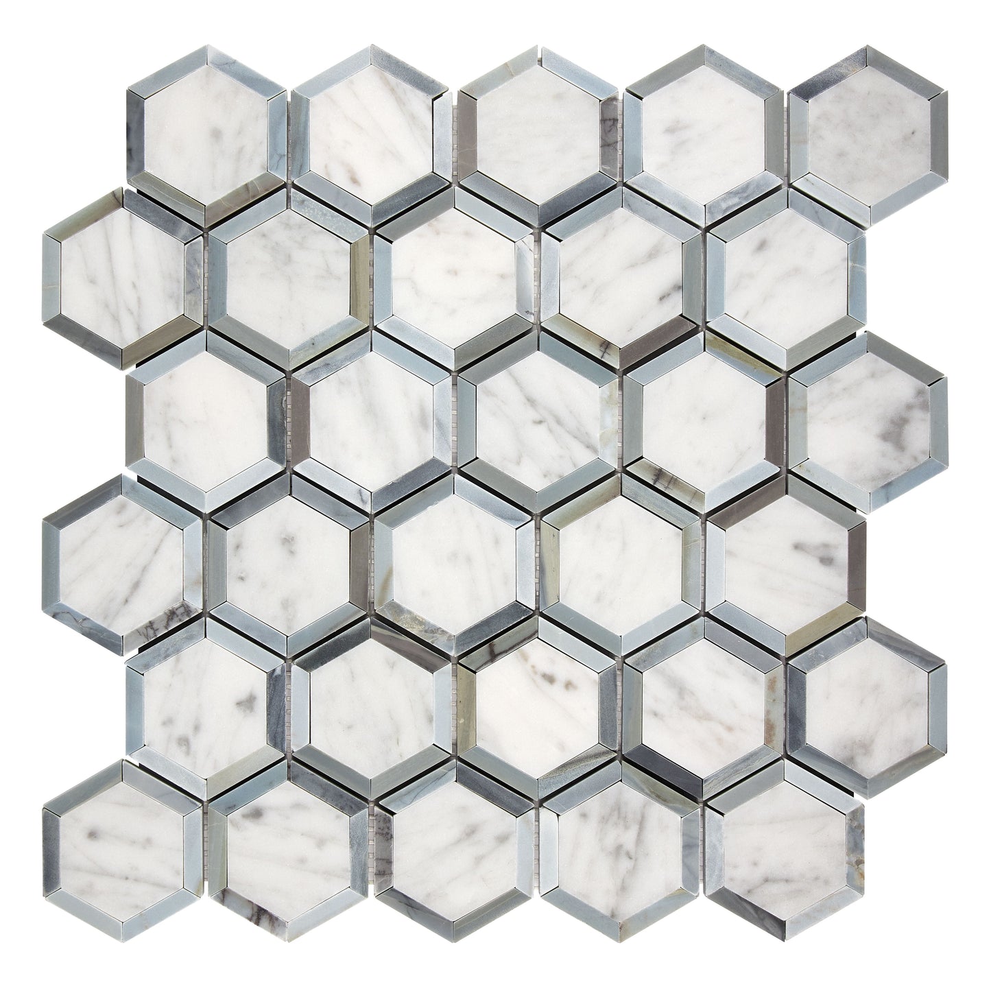 Bianco Carrara White Marble 2’’ X 2’’ Vortex Hexagon (w/ Blue-Gray) Wall Tile
