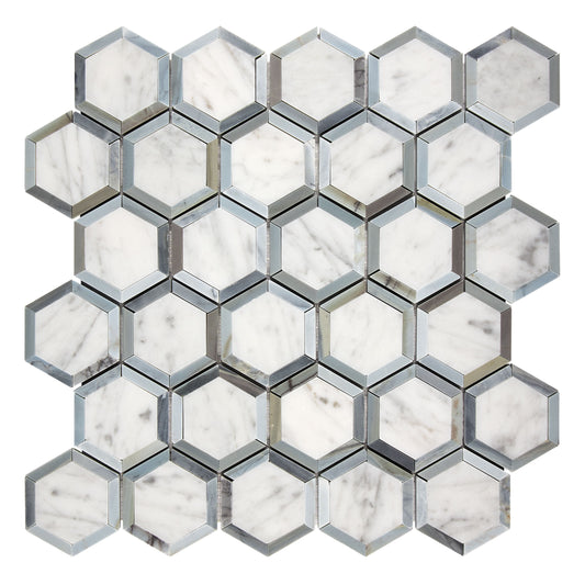 Bianco Carrara White Marble 2’’ X 2’’ Vortex Hexagon (w/ Blue-Gray) Wall Tile