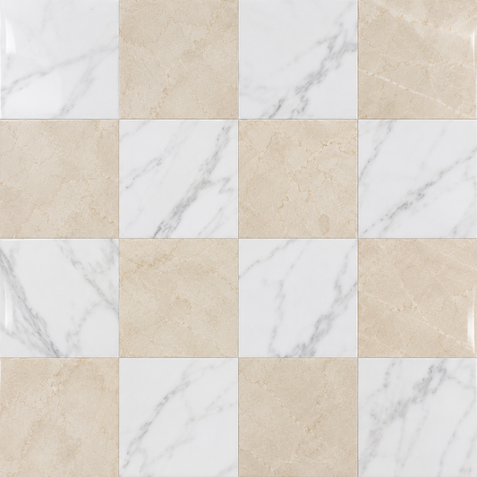 A checkered mosaic tile pattern featuring alternating square tiles of warm beige travertine and white marble with gray veining.