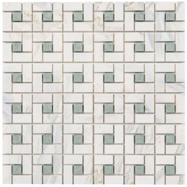 Calacatta Gold Marble Pinwheel Mosaic (w/ Ming-Green) Wall Tile