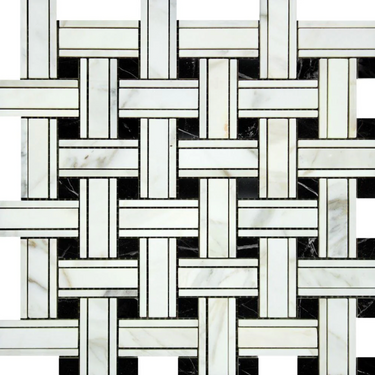 Calacatta Gold Marble Triple-Weave Mosaic (w/ Black) Wall Tile