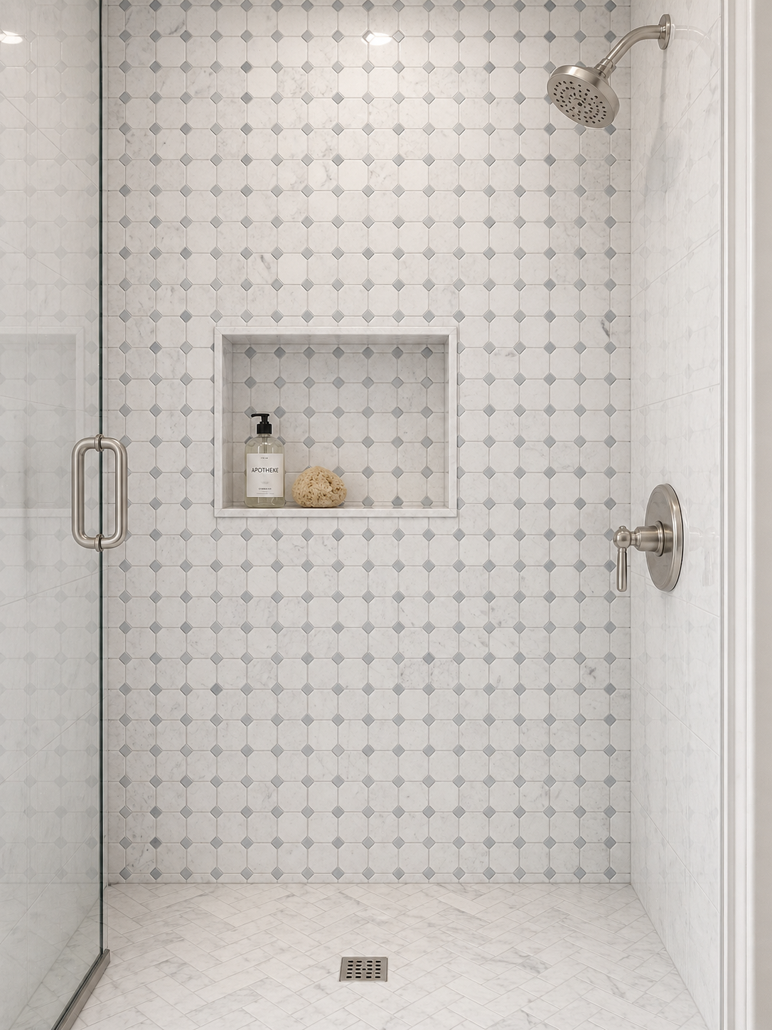 Bianco Carrara White Marble Octagon Mosaic (w/ Blue-Gray)