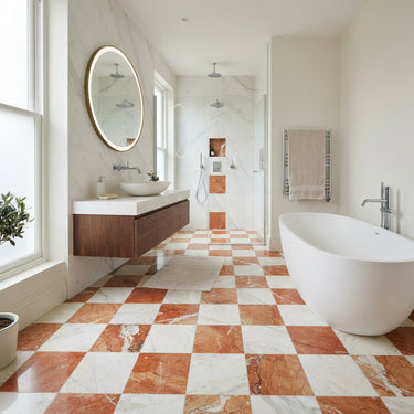Checkerboard Marble Tile - Bianco Dolomite & Rojo Alicante