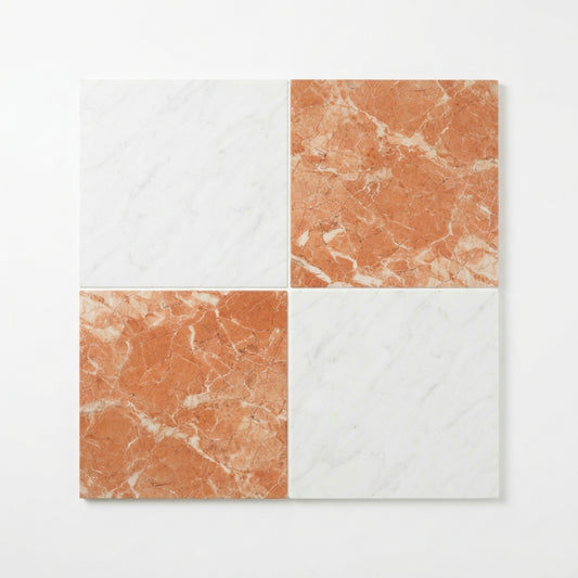 Checkerboard Marble Tile - Bianco Dolomite & Rojo Alicante