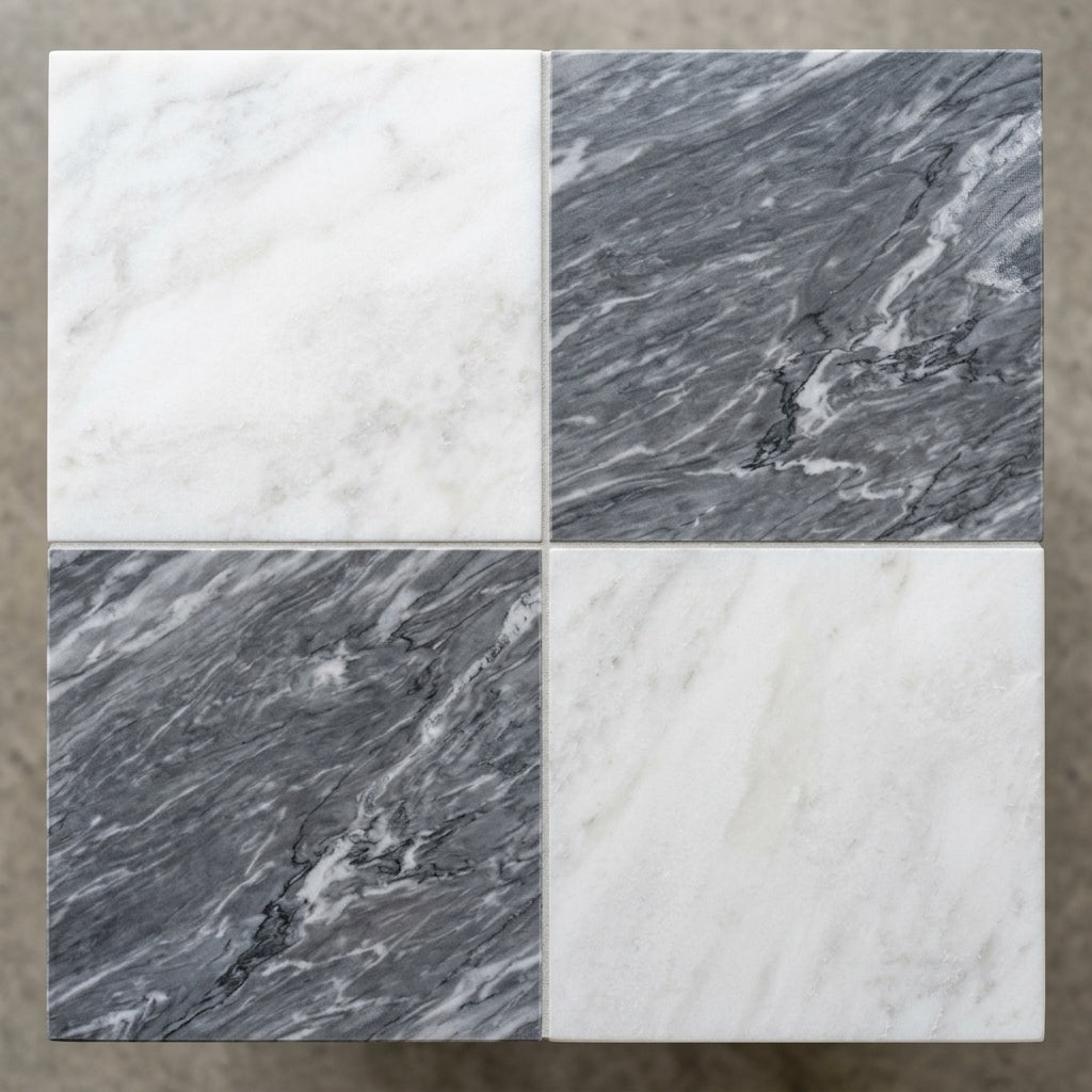 Checkerboard Marble Tile - Bianco Dolomite & Bardiglio Imperiale