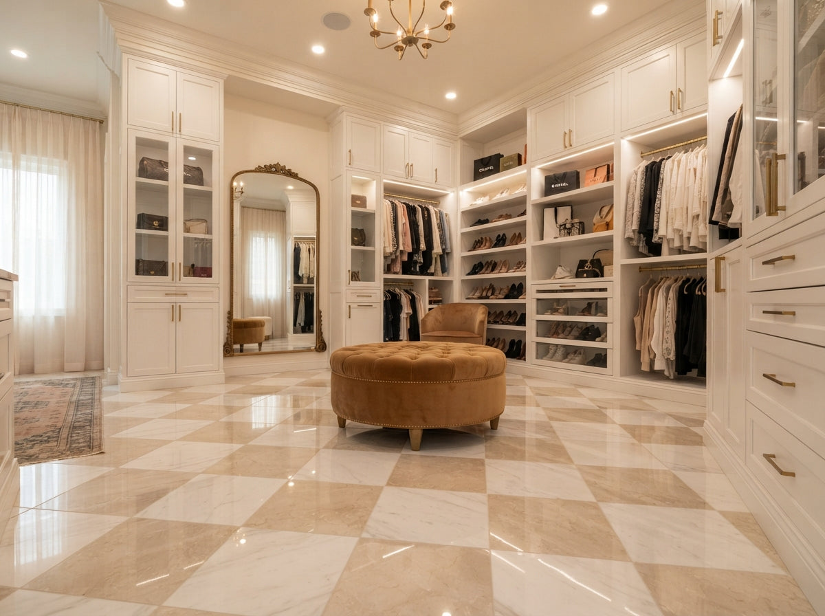 Checkerboard Marble Tile - Bianco Dolomite & Crema Marfil
