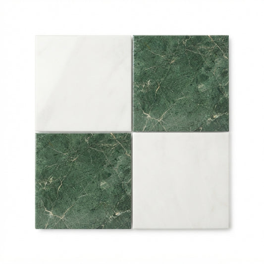 Checkerboard Marble Tile - Bianco Dolomite & Ming Green