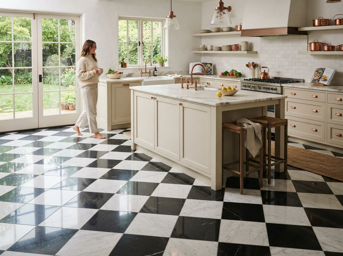 Checkerboard Marble Tile - Bianco Dolomite & Nero Marquina