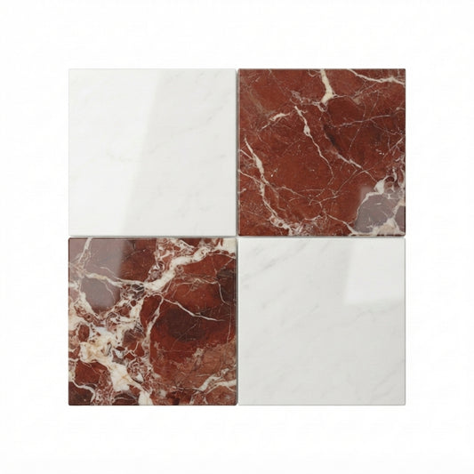 Checkerboard Marble Tile - Bianco Dolomite & Rosso Laguna