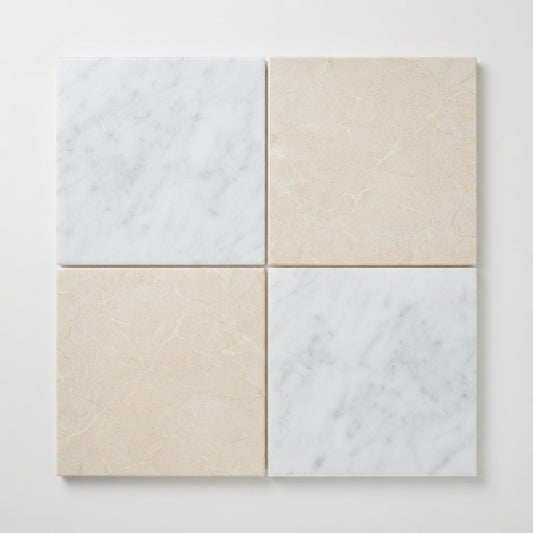 Checkerboard Marble Tile - Bianco Carrara & Crema Marfil