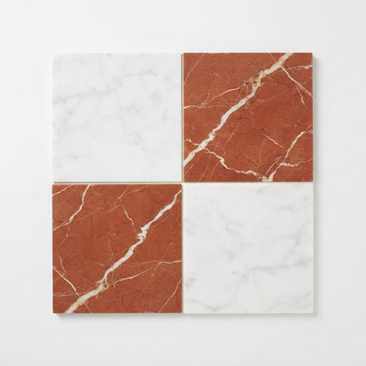 Checkerboard Marble Tile - Bianco Carrara & Rojo Alicante