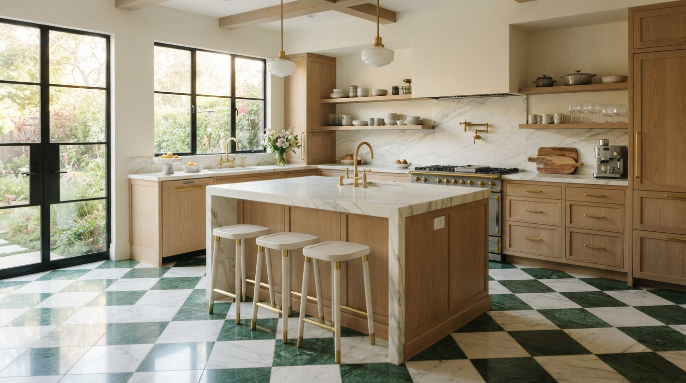 Checkerboard Marble Tile - Italian Statuary White & Ming Green
