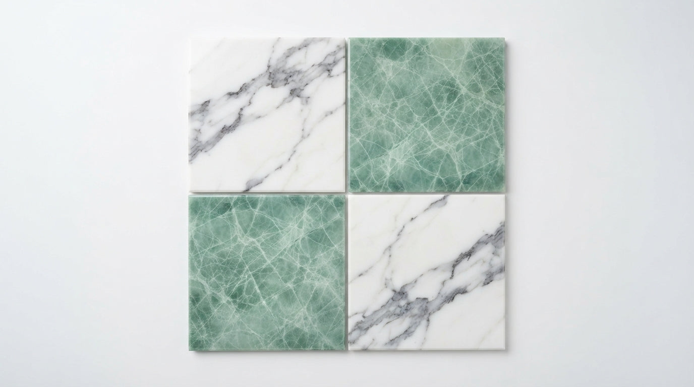 Checkerboard Marble Tile - Italian Statuary White & Ming Green