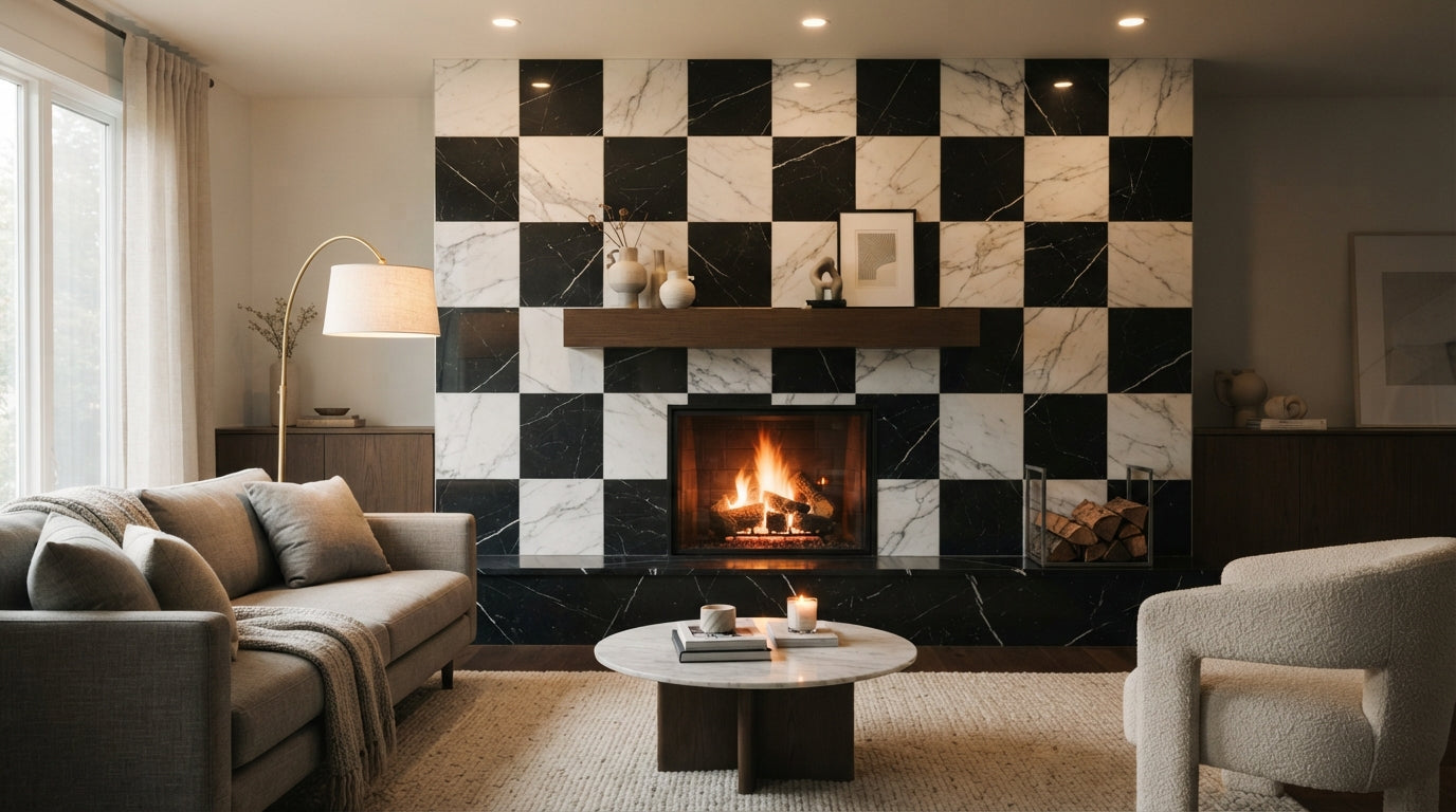 Checkerboard Marble Tile - Italian Statuary White & Nero Marquina