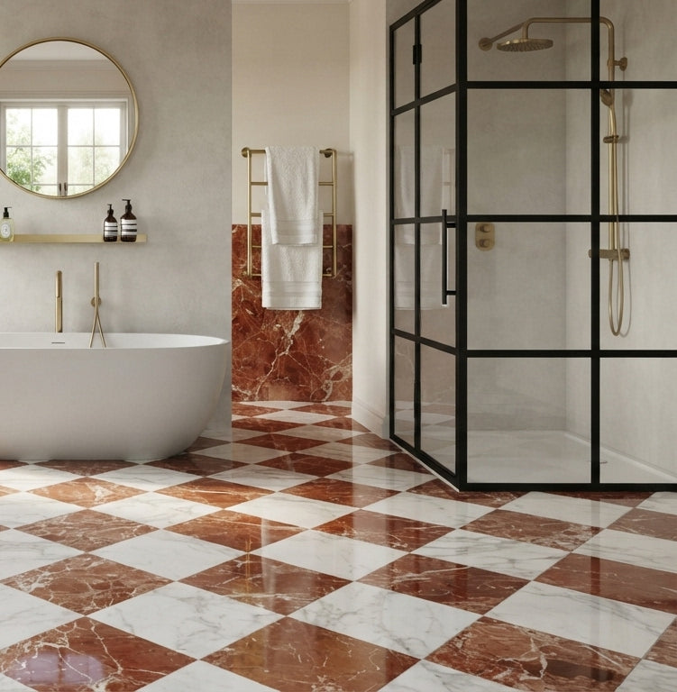 Checkerboard Marble Tile - Italian Statuary White & Rojo Alicante