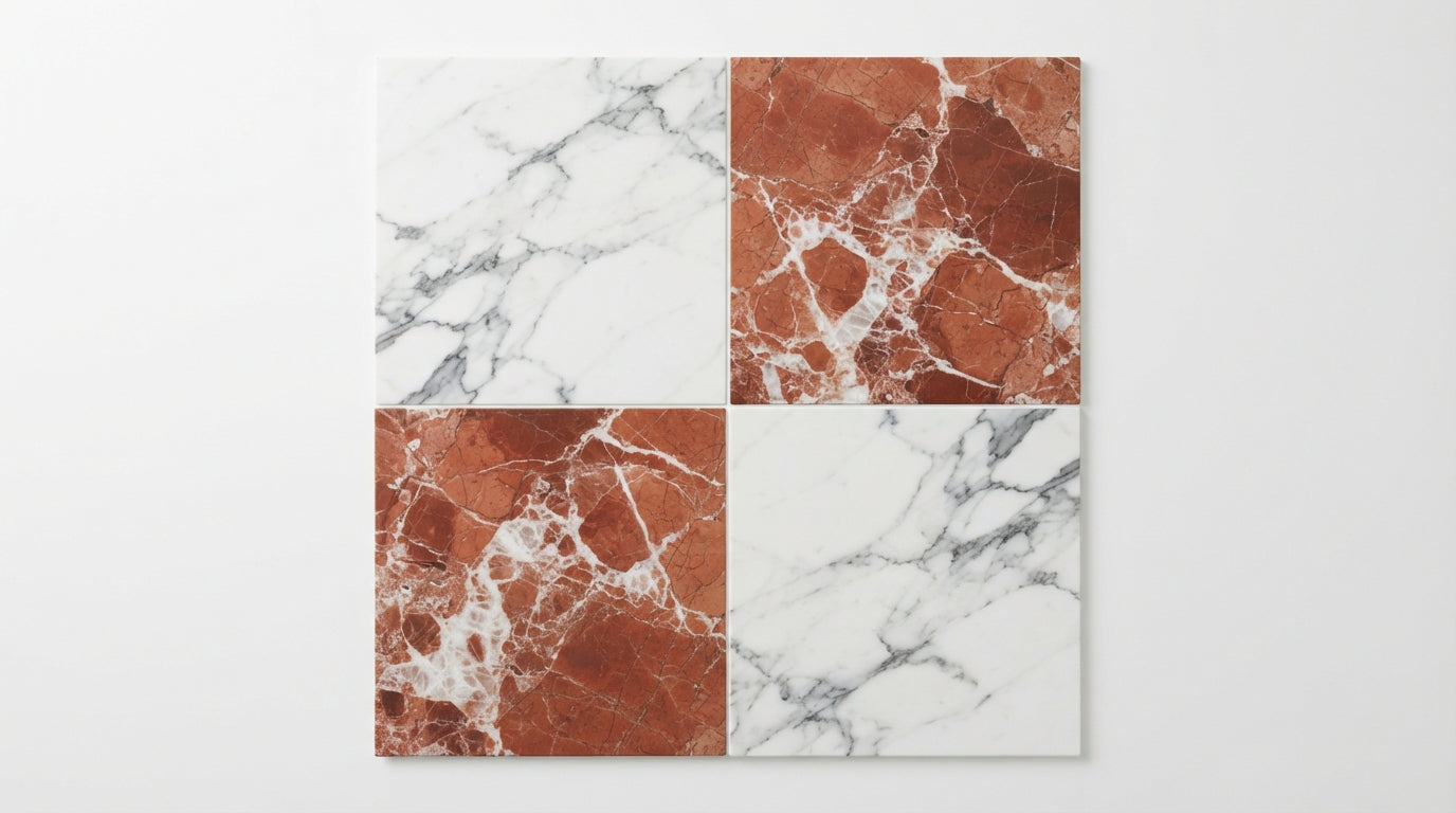 Checkerboard Marble Tile - Italian Statuary White & Rojo Alicante