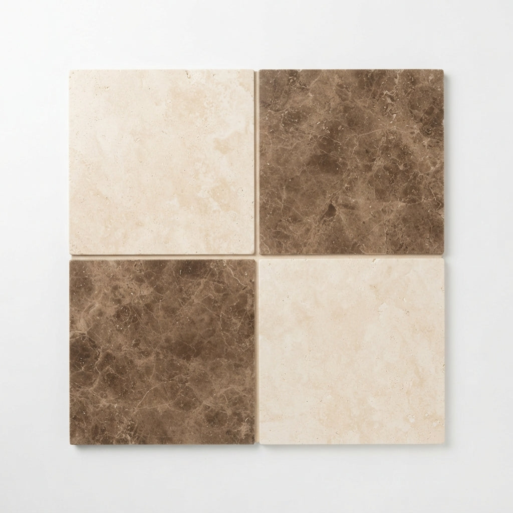 Checkerboard Travertine Tile - Ivory / Light & Noce