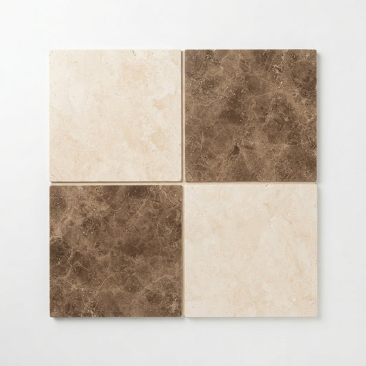 Checkerboard Travertine Tile - Ivory / Light & Noce