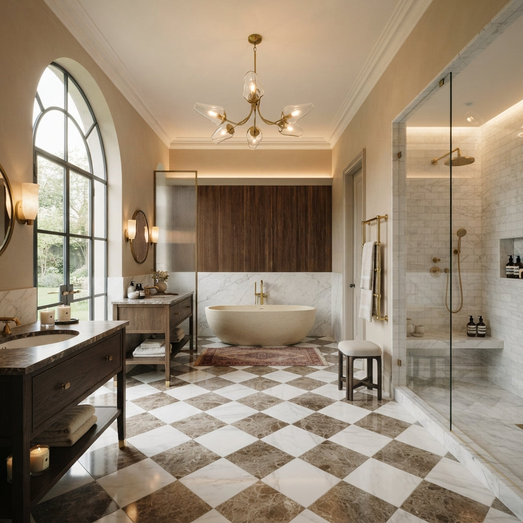 Checkerboard Marble Tile - Thassos White & Emperador Light