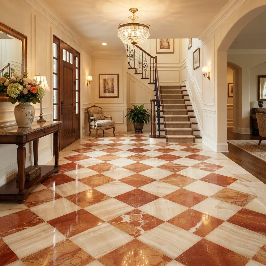 Checkerboard Vanilla Onyx and Rojo Alicante Marble Tile