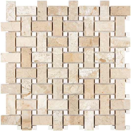 Diano Royal (Queen Beige) Marble Basketweave Mosaic (w/ White Dolomite) Polished Wall Tile