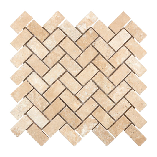 Durango Cream Travertine 1’’ X 2’’ Herringbone Mosaic Tumbled Wall Tile