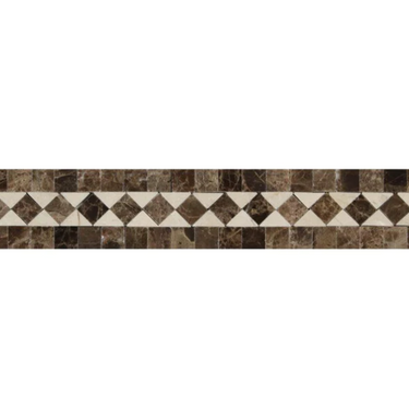 Emperador Dark Marble 2’’ X 12’’ BIAS Border w/ Crema Marfil Dots Polished / 1 pcs. Accent & Trim Tile
