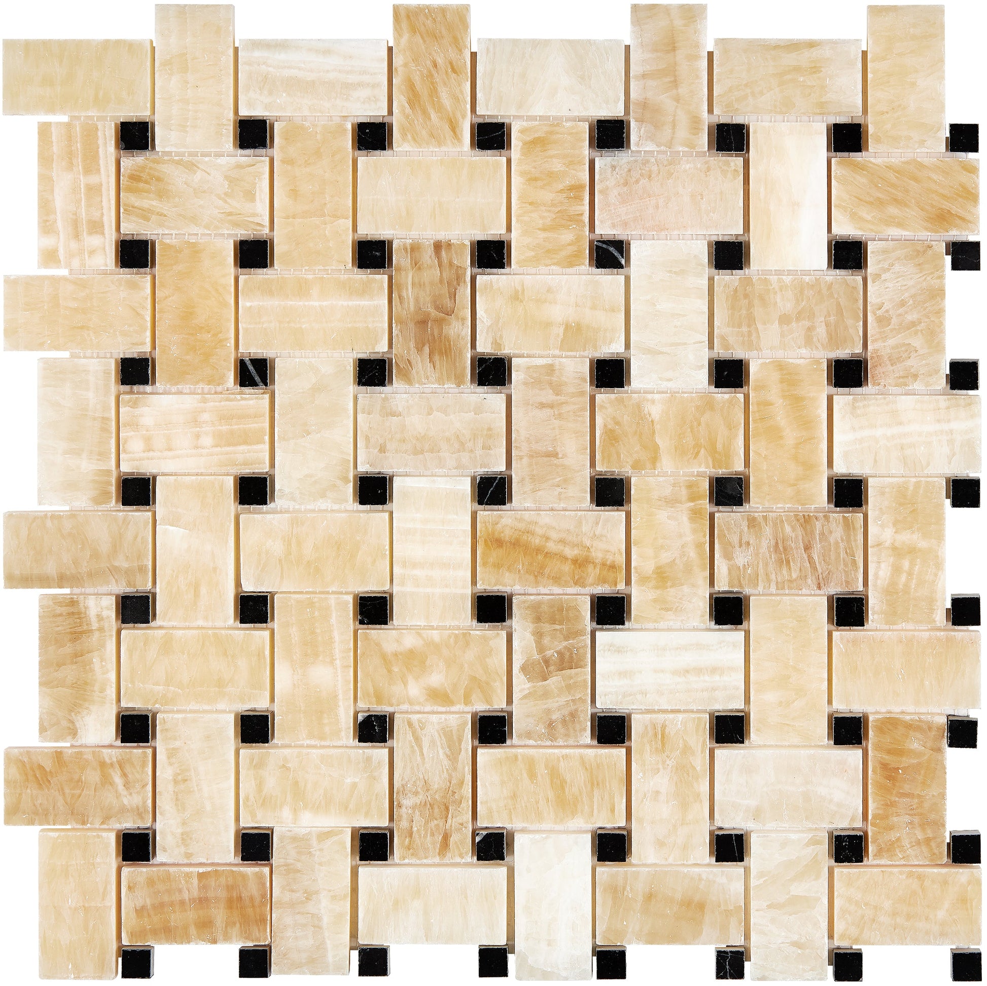 Giallo Crystal Honey Onyx Basketweave Mosaic (w/ Black) Polished Backsplash Tile