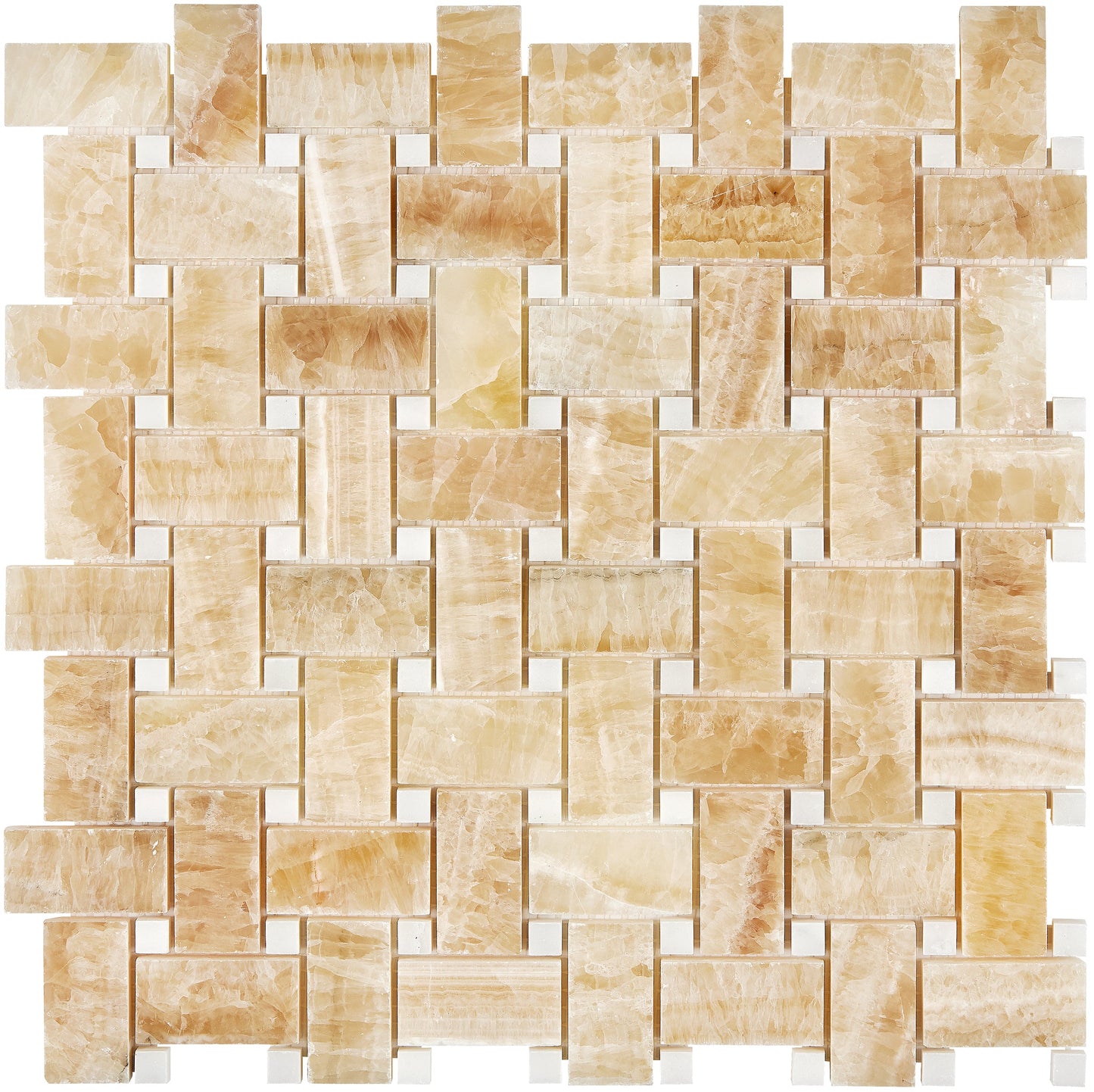 Giallo Crystal Honey Onyx Basketweave Mosaic (w/ White) Polished Backsplash Tile