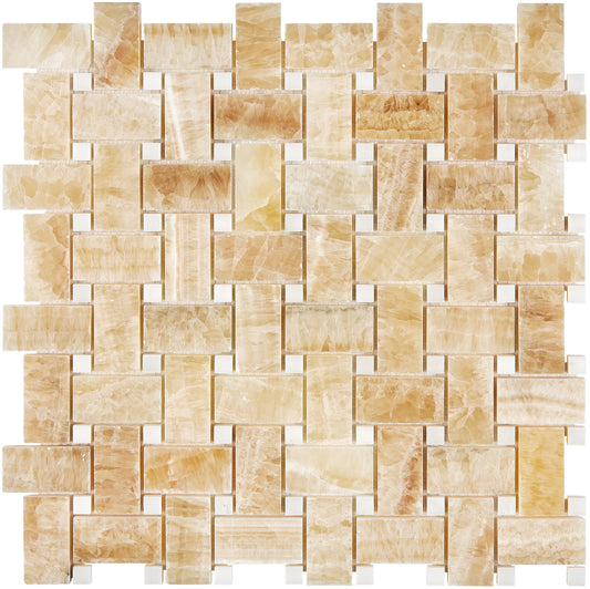 Giallo Crystal Honey Onyx Basketweave Mosaic (w/ White) Polished Backsplash Tile