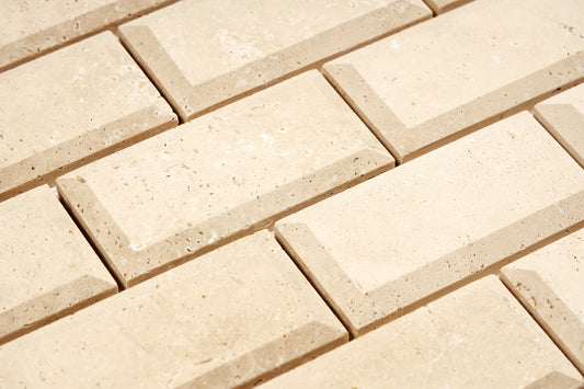 Ivory (Light) Travertine 2’’ X 4’’ Deep-Beveled Brick Mosaic Honed Wall Tile