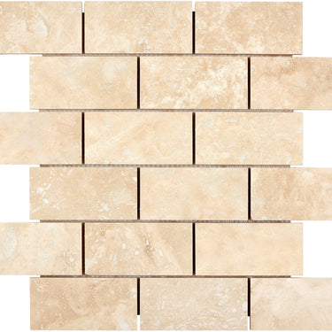 Ivory Light Travertine 2x4 Brick Mosaic Tile, Tumbled