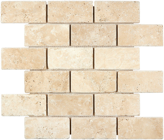 Ivory (Light) Travertine 2" X 4" Brick Mosaic Tumbled/Filled & Honed