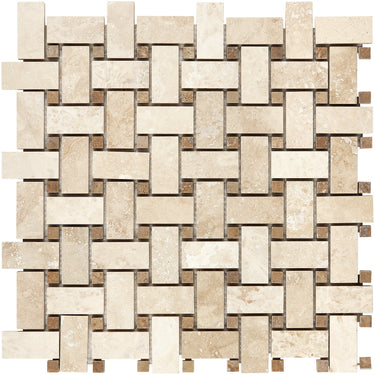 Ivory (Light) Travertine Basketweave Mosaic w/ Noce Dots Filled & Honed / 1 sheet Wall Tile