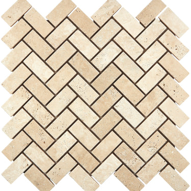 Ivory (Light) Travertine 1’’ X 2’’ Herringbone Mosaic Tumbled Wall Tile
