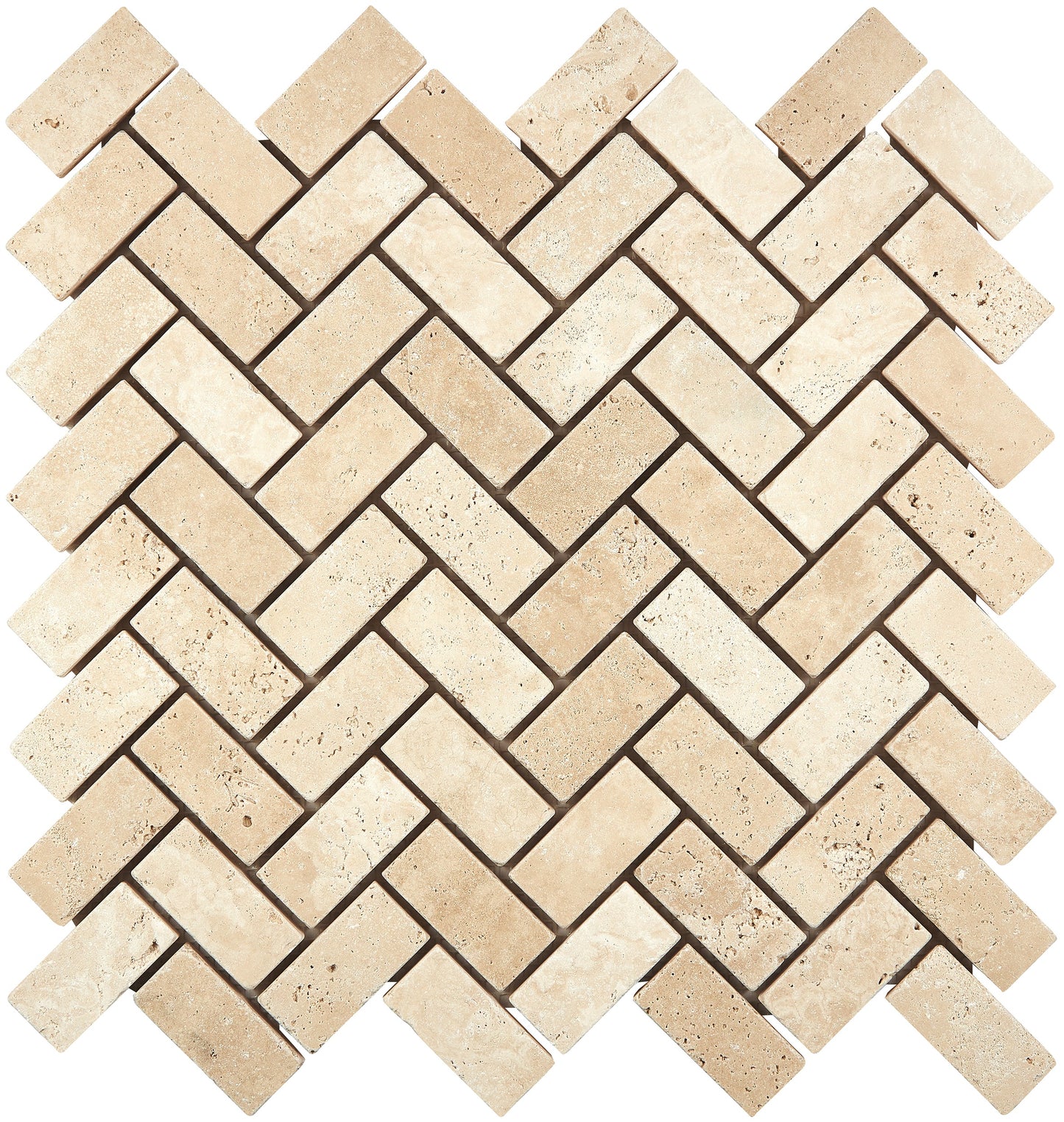 Ivory (Light) Travertine 1’’ X 2’’ Herringbone Mosaic Tumbled Wall Tile