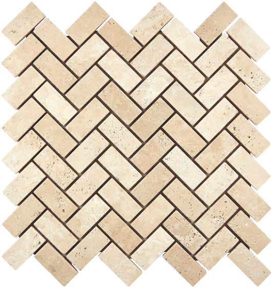 Ivory (Light) Travertine 1’’ X 2’’ Herringbone Mosaic Tumbled Wall Tile