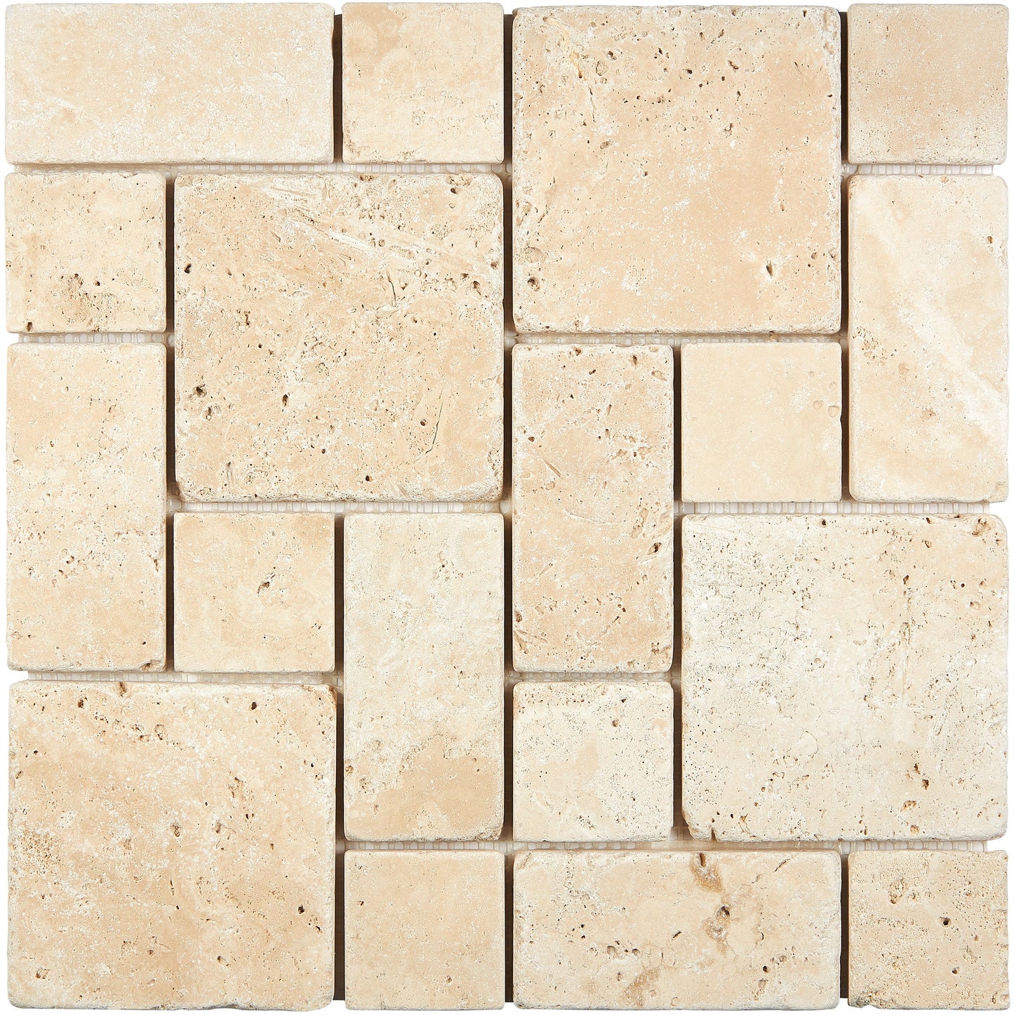 Ivory (Light) Travertine 3-pcs. Mini-Pattern Mosaic (Non-Interlocking) Tumbled Wall Tile