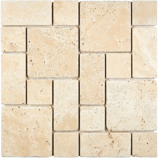 Ivory (Light) Travertine 3-pcs. Mini-Pattern Mosaic (Non-Interlocking) Tumbled Wall Tile