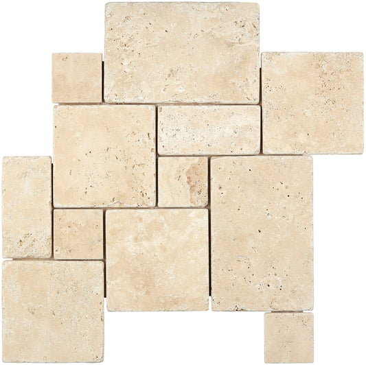 Ivory (Light) Travertine OPUS Mini-Pattern Mosaic (Interlocking) Tumbled Wall Tile
