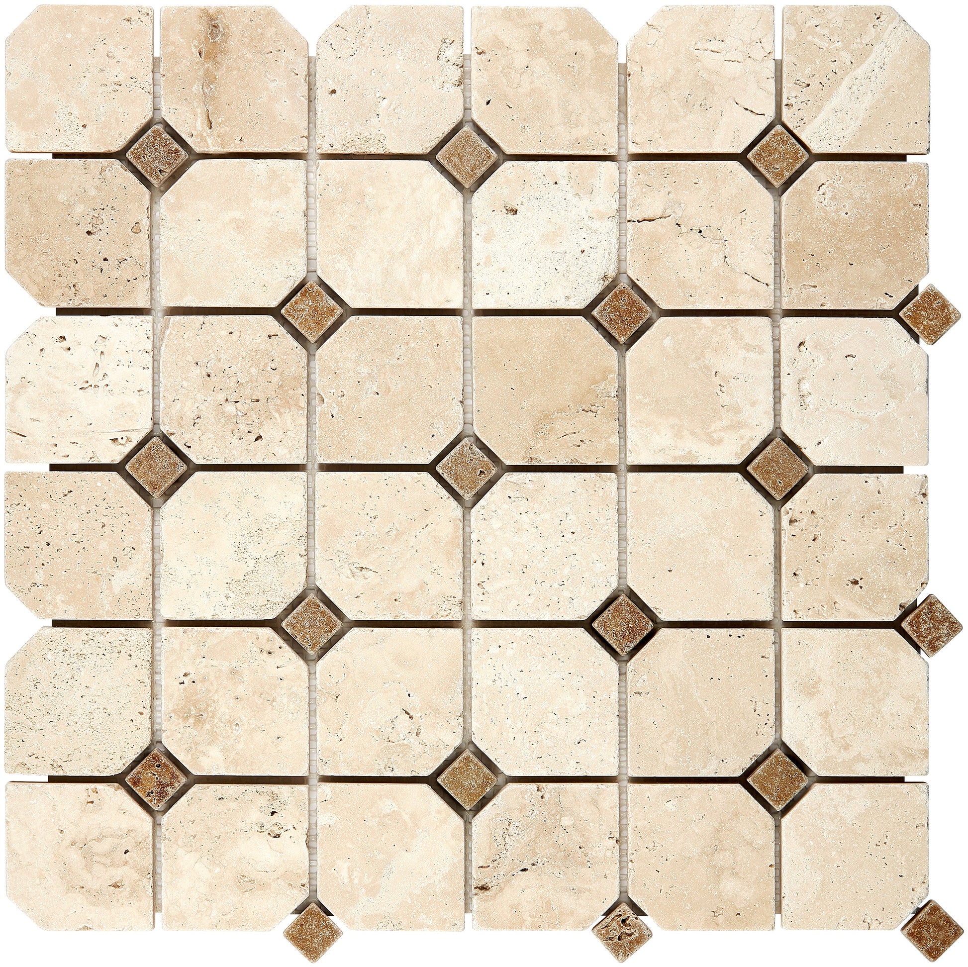 Ivory (Light) Travertine Octagon Mosaic w/ Noce Dots Tumbled Wall Tile