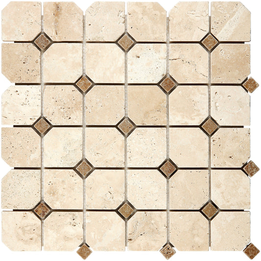 Ivory (Light) Travertine Octagon Mosaic w/ Noce Dots Tumbled Wall Tile