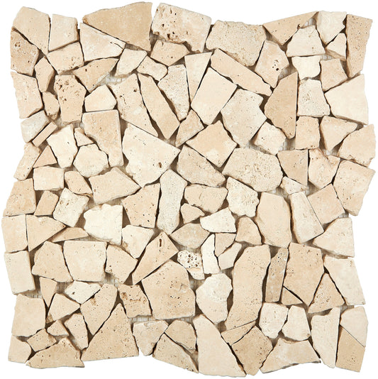 Ivory (Light) Travertine Flat Pebble/Random Broken Mosaic Tumbled Wall Tile