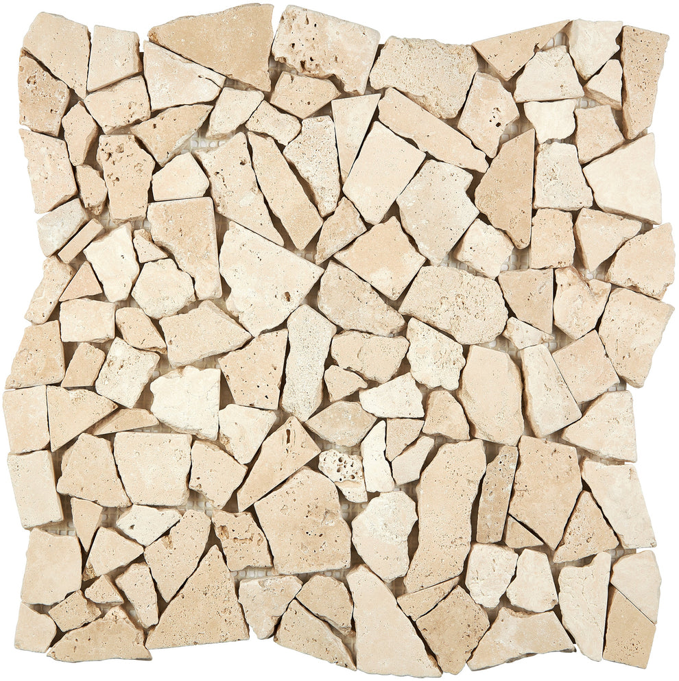 Ivory (Light) Travertine Flat Pebble/Random Broken Mosaic Tumbled ...