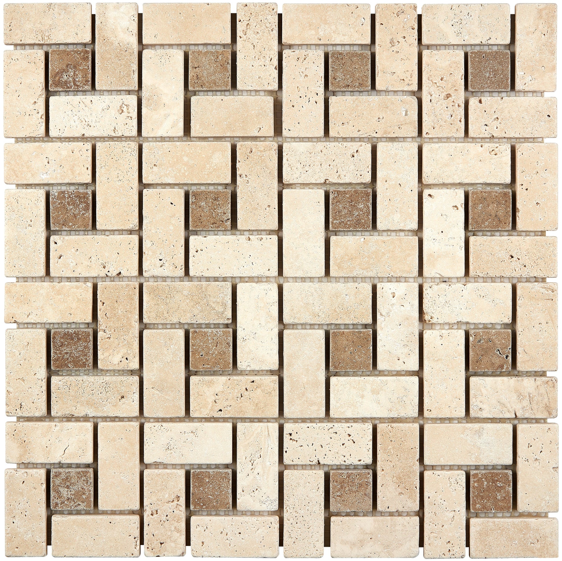 Ivory (Light) Travertine 1’’ X 2’’ Pinwheel Mosaic w/ Noce Dots Tumbled Wall Tile